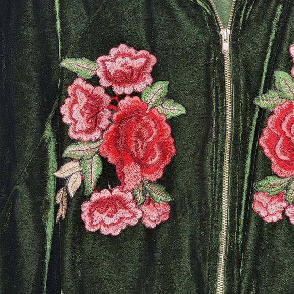 BP Hunter Green Velvet and Red Floral Bomber Jacket, Sz XS - Picture 2 of 6